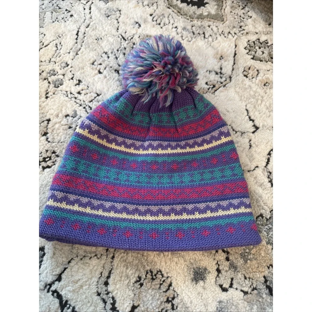 VTG Meister Winter Hat 100% Wool Pom Pom Beanie Lavender Cream Blue Yellow Pink